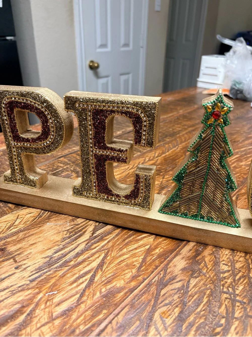 Pier 1 Gold, Green & Red Embellished Beaded Peace, Tree Wood Decor 21”X6”